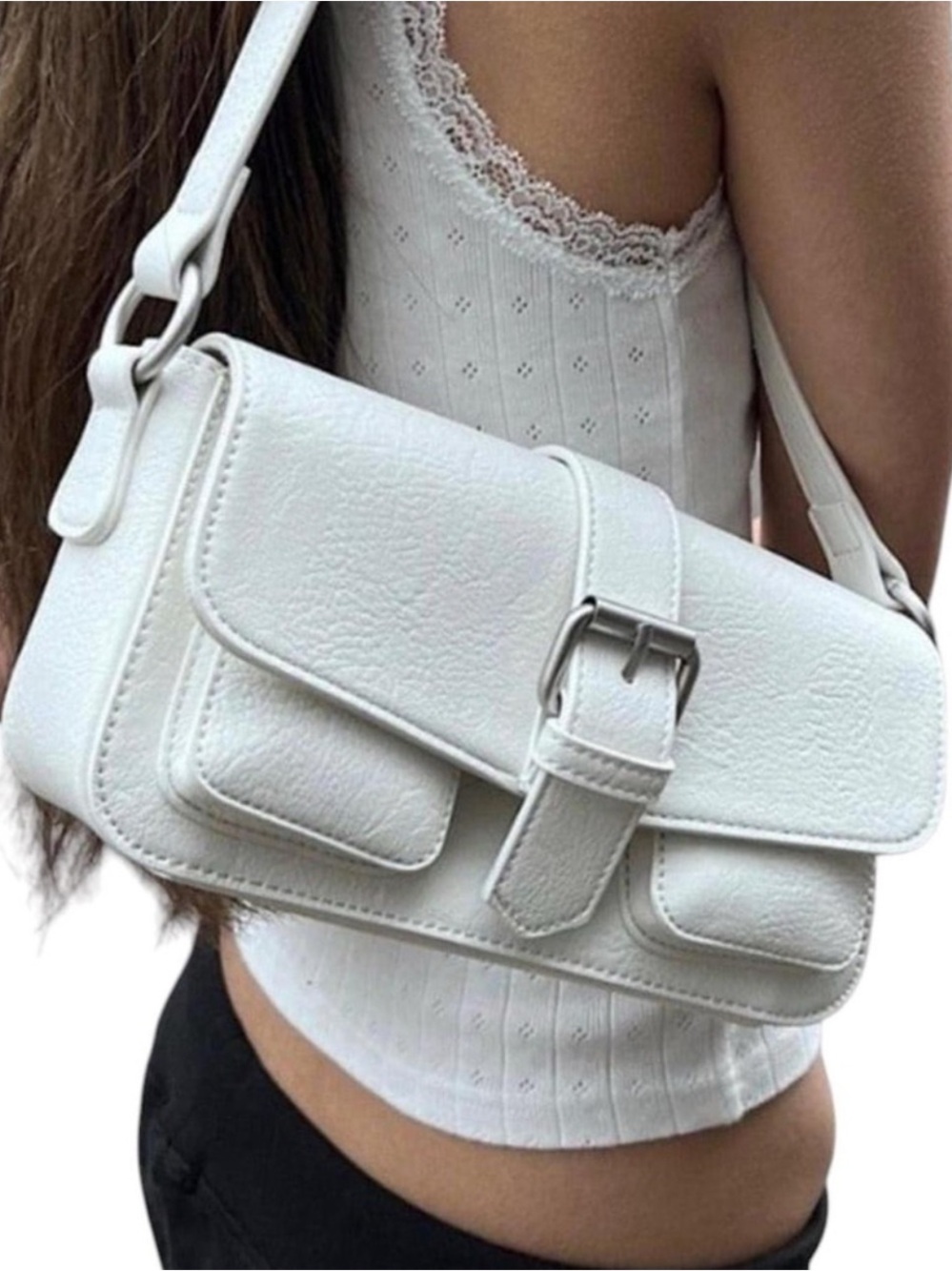 BRANDY MELVILLE Buckle Shoulder Bag in White Silver Small